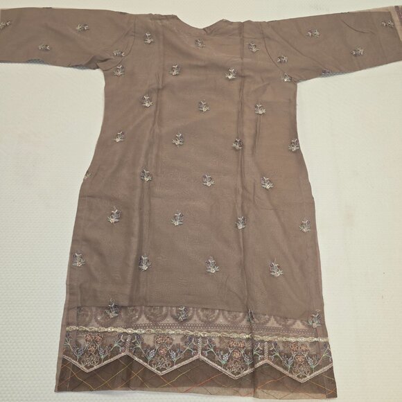 Pakistani Embroidered Tan Traditional Desi Outfit 3 Piece Straight Suit Size L - Picture 3 of 8